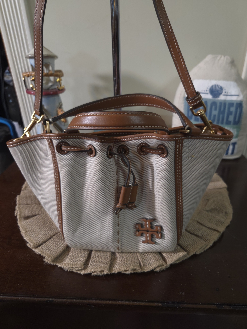 Like New Tory Burch Mini Canvas Drawstring Crossbody